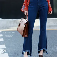 Vetevidi восстановление древних способов высокой талии брюки женские синие с бахромой колокольчики брюки джинсы больше 9378