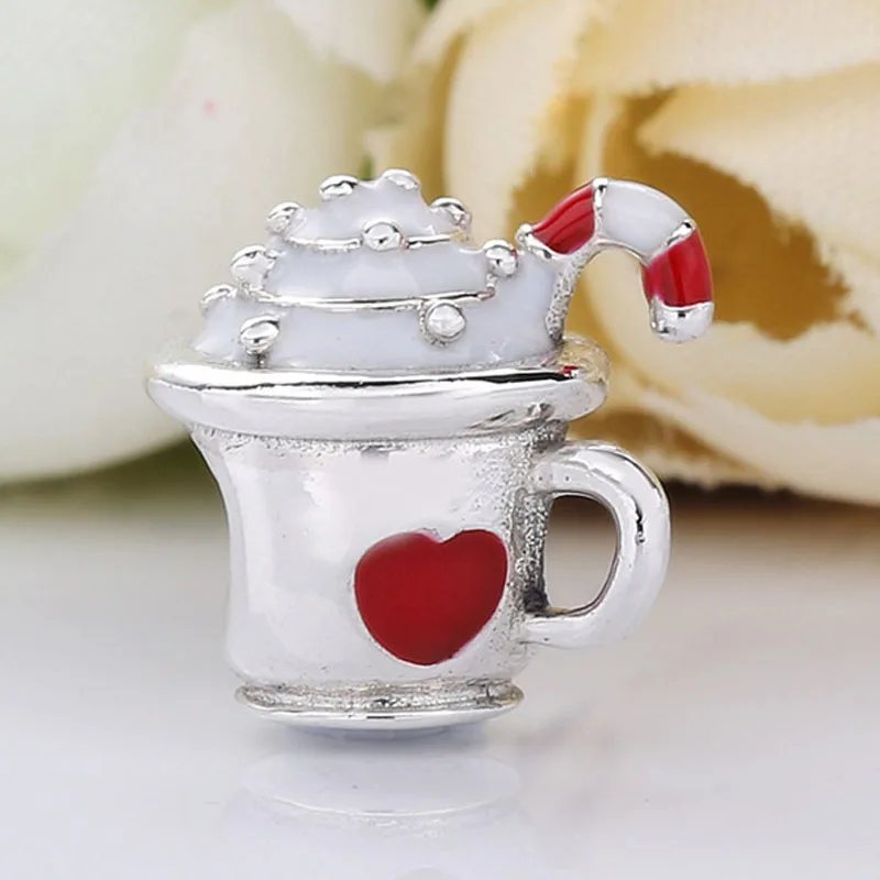 

New 925 Sterling Silver Bead Charm Red Enamel Love Heart Ice Cream Cup Warm Cocoa Beads Fit Pandora Bracelet Bangle Diy Jewelry