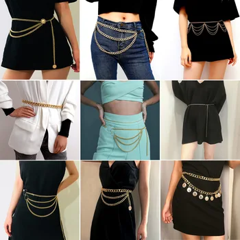 

Women Fashion Belt Hip High Waist Gold Narrow Metal Chain Chunky Fringes Silver Color Belts for Female 2019 Ceinture Femme