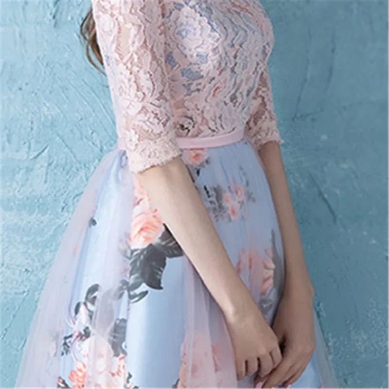 Это YiiYa милое коктейльное кружевное платье с коротким рукавом и круглым вырезом, с цветочным принтом, до колена, торжественное платье, вечерние платья LX177