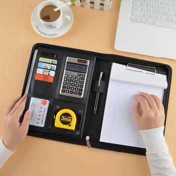 

PU leather zippered filing folder Padfolio multifunction briefcase Notebook writing pad B5 18K file folder with calculator 1299