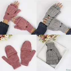 Для женщин обувь для девочек зимние плетеные трикотажные Половина Finger перчатки с откидным верхом студент сплошной цвет пальцев Кабриолет