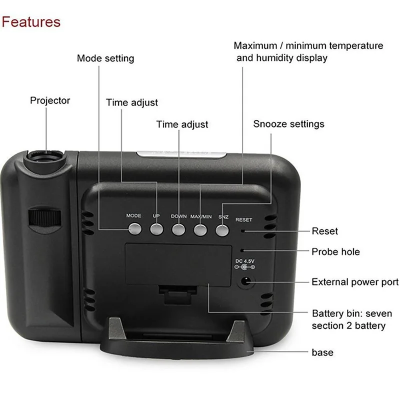 Проекция будильника цифровые часы функция повтора даты подсветка проектор