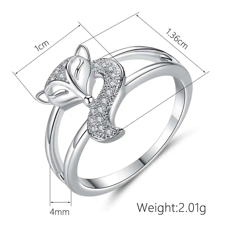 Beiver Fashion New Silver Color Fox Ring for Woman AAA Zircon Cute Animal Jewelry Engagement Wedding Ring Valentine's Day Gifts