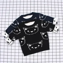 Модный высококачественный Детский двойной Ярусное ожереле Для мальчиков и девочек Длинные рукава Одежда с изображением кота; вязаный, хлопковый детский топ для От 1 до 6 лет