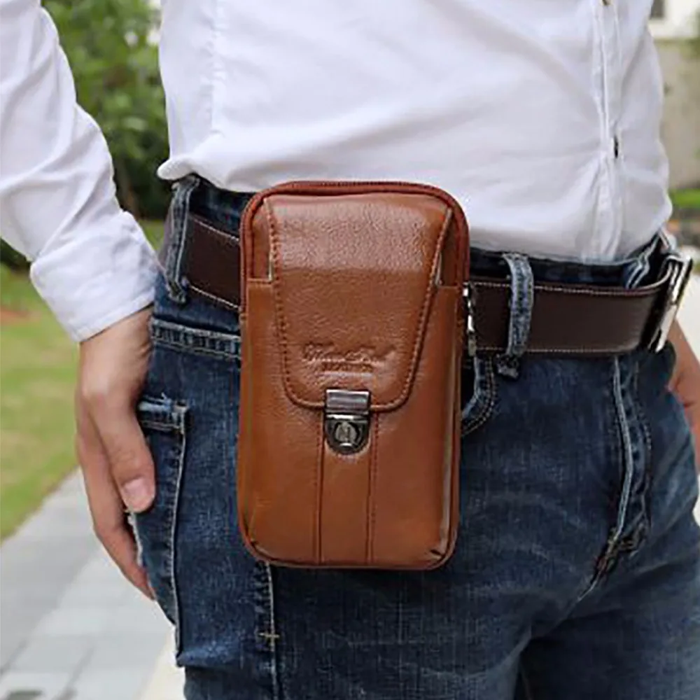 

100% Guarantee Genuine Leather Waist Pack Cell Mobile Phone Case Wallet Bags Men Fashion Male Hip Bum Fanny Belt Bag Pouch