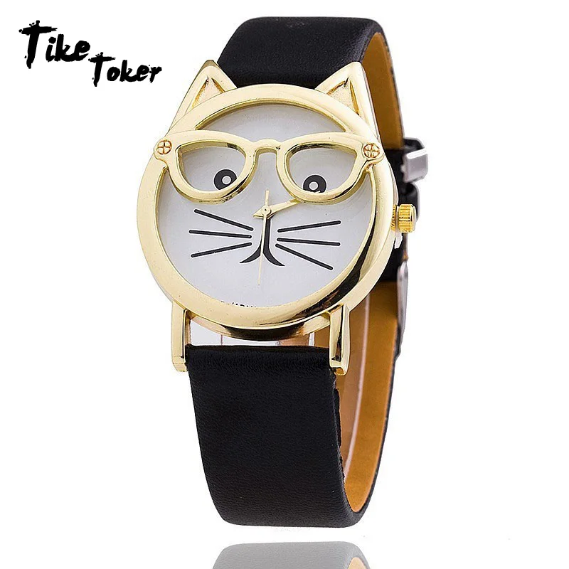 TIke Toker Relojes милые кошачьи очки часы для женщин леопардовая кожа аналоговые