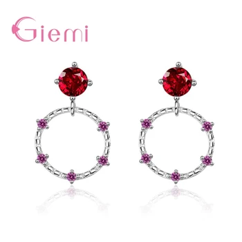 

New Arrival 2 Colours Round Pendant 925 Sterling Silver Stud Hollow Earring With Red Clear Crystal Women Party Jewelry