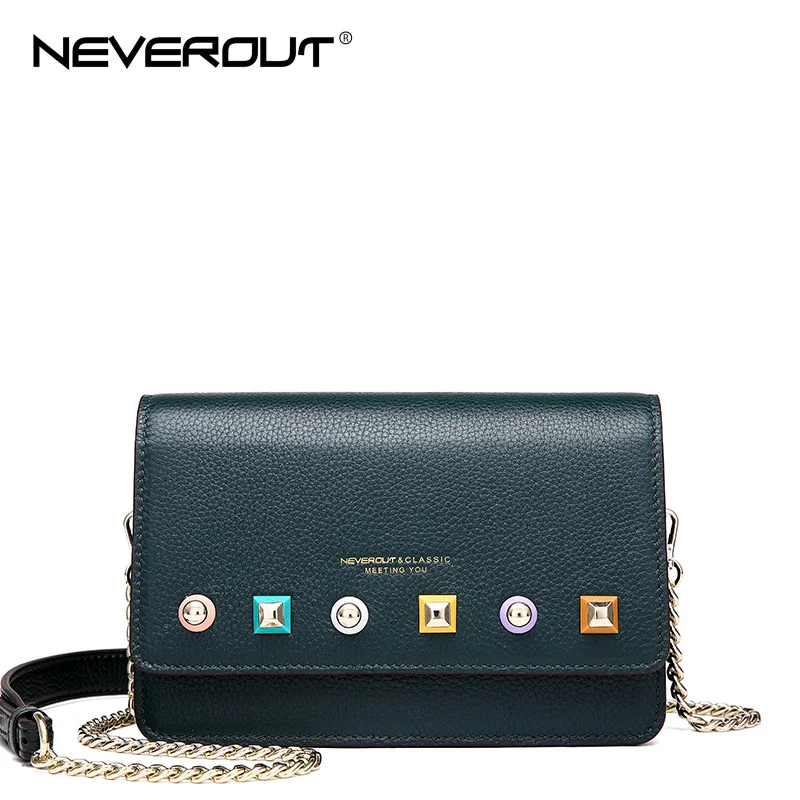 NEVEROUT, мягкая сумка из натуральной кожи для женщин, женская маленькая сумка-мессенджер, одноцветная сумка на плечо с клапаном, мини-сумка через плечо с цепочкой - Цвет: Dark green