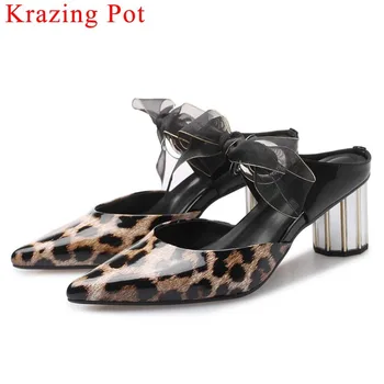 

Krazing Pot sexy classical leopard cow leather strange style med heels slip on pointed toe mules gorgeous riband women pumps L17