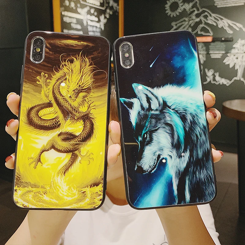 

Original Dragon tiger Tempered Glass Case For iPhone X 10 6S 6 7 8 Plus Wolf Back Cover For iPhone XS MAX XR Glass Phone Case