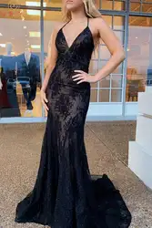 Черные вечерние платья 2019 Русалка рукавов спагетти платье с бретельками De Soiree Sexy V вырезом Femme для официального торжества выпускного вечера