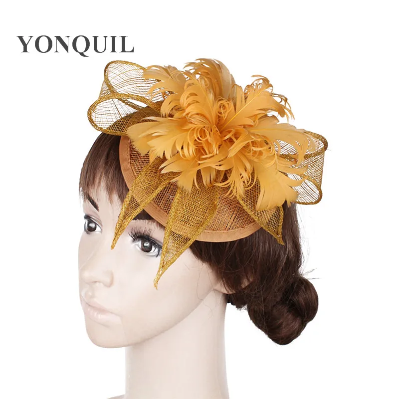 Золотые головные уборы sinamay с перьями и цветами, вечерние головные уборы, свадебные аксессуары для волос, Коктейльные головные уборы XMF392 - Цвет: Золотой
