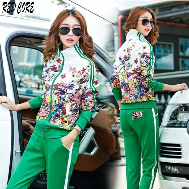 

REDCORE Plus Size L-5XL Floral Print Two Piece Set Women Sweatshirt Casual Women Tops And Trousers Tracksuits Women Set TZ233