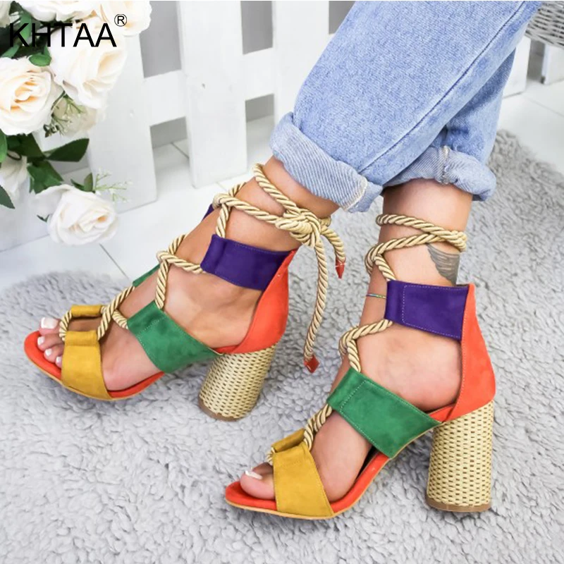 

KHTAA Summer Sandals Women Gladiator Casual Shoes Plus Size High Heel Peep Toe Female Hemp Cross Lace Up Ladies Fashion Footwear