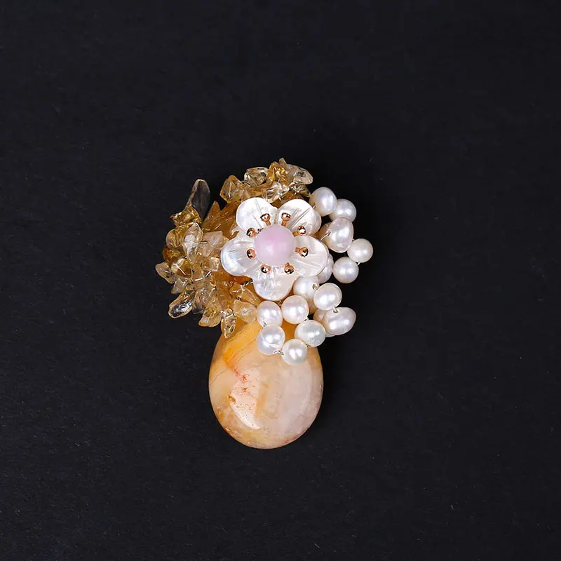 

South Korea luxury ore shells crystal handmade stone pearl enamel flower brooch needle pendant dual purpose female gift simple