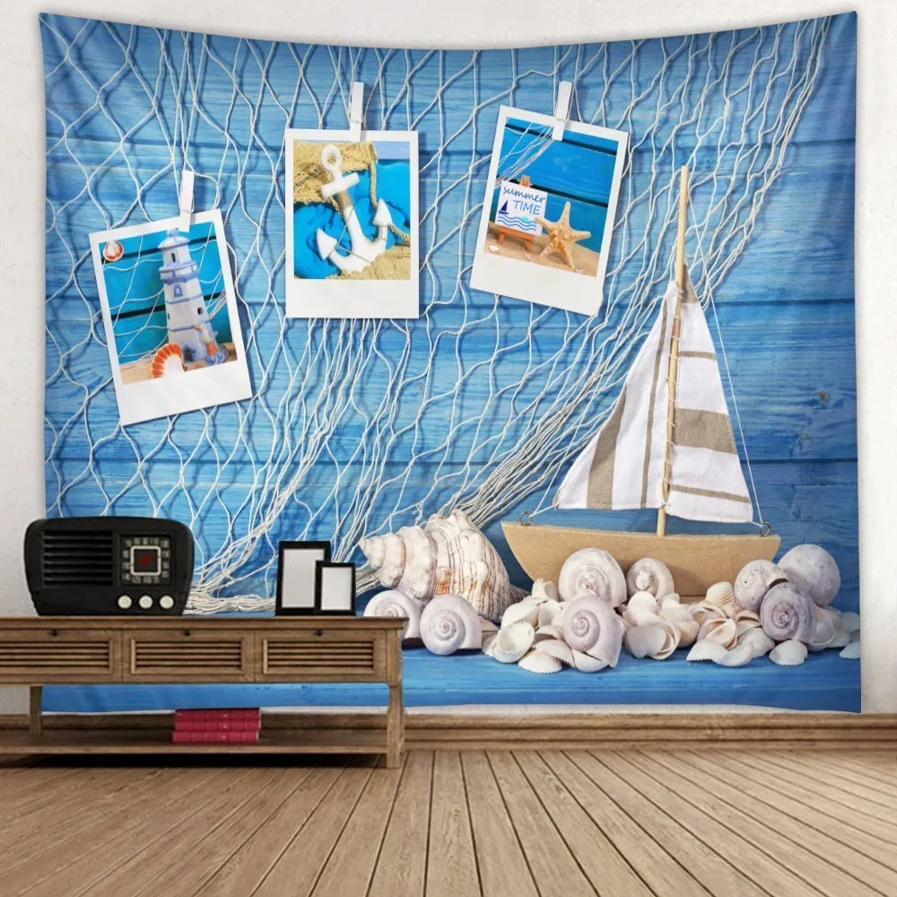 

Ocean Series Wood Tapestry Wall Fabric Mandala Vintage Boho Tapiz Wall Tenture Dorm Farmhouse Decor Shell Rudder Printed Blanket