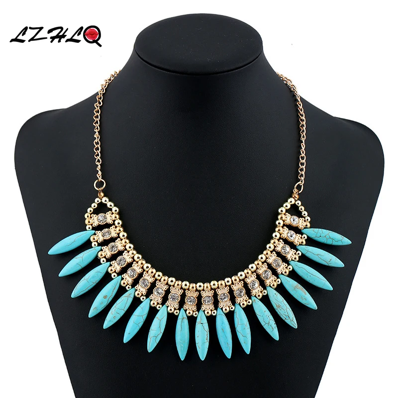 

2016 Bohemian Ethnic Necklace New Women Resin Pendants Necklaces Plating Gold Alloy Hollow Chains Rhinestone Jewelry Statement