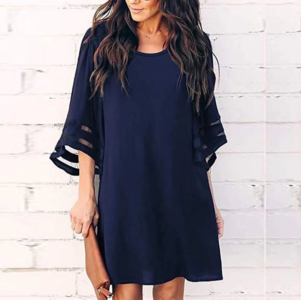 

Chiffon ladies dresses O Neck large size dresses Mesh Panel Blouse Loose summer dresses Top Dress vestido elbise sukienka#G6
