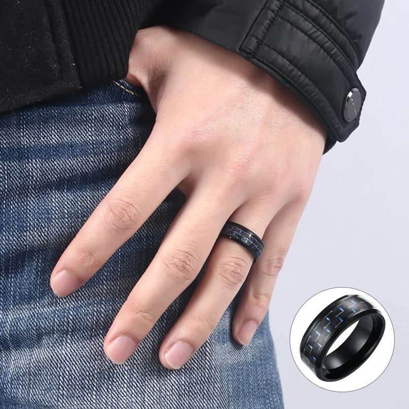 

Simple Blue Black Lines Carbon Fiber Inlay Ring for Men Stainless Steel Band Engagement Ring USA Size 7-12 Jewelry SP0167