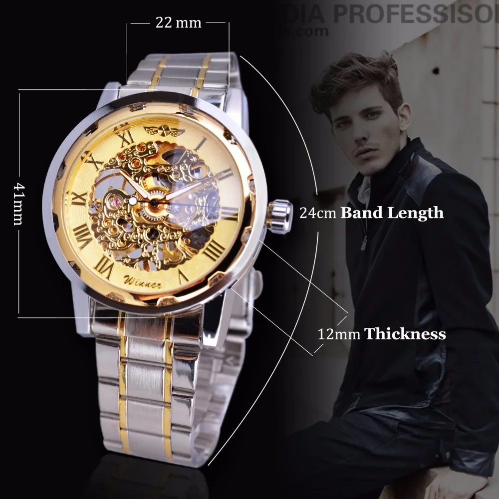 Winner Classic Design Transparent Case Golden Movement Inside Skeleton Wrist Watch Men Watches Top Brand Luxury Mechanical Watch