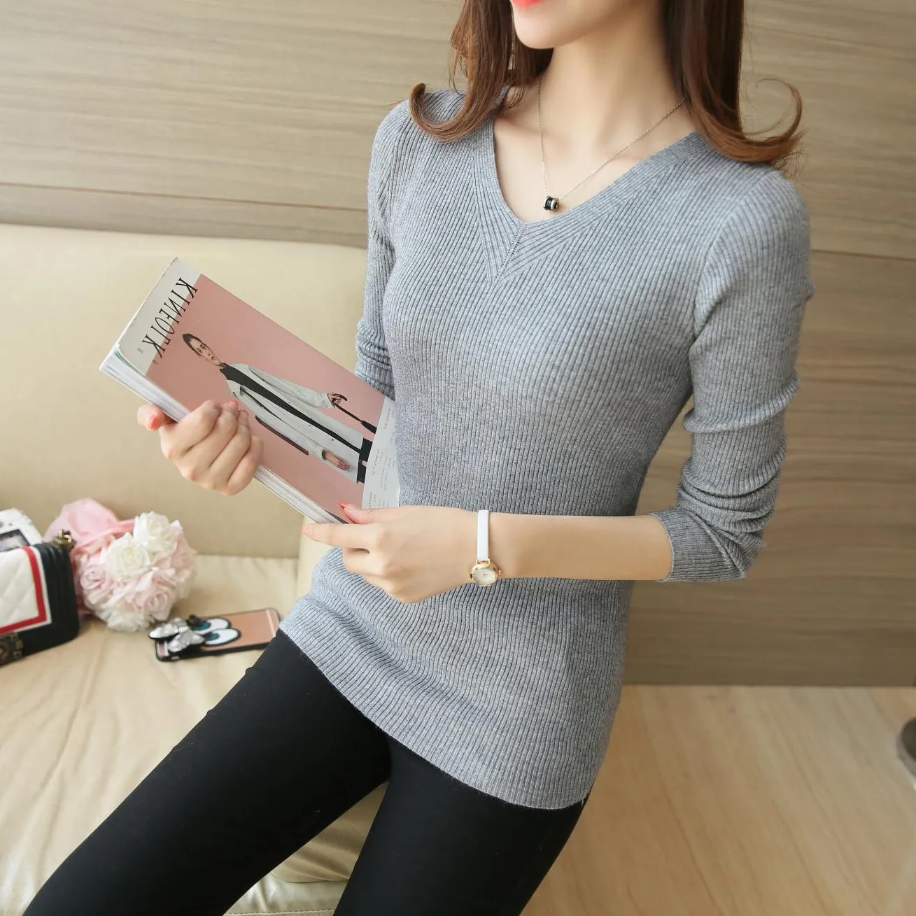 New arrival 2016 autumn V neck long sleeve basic shirt female tight