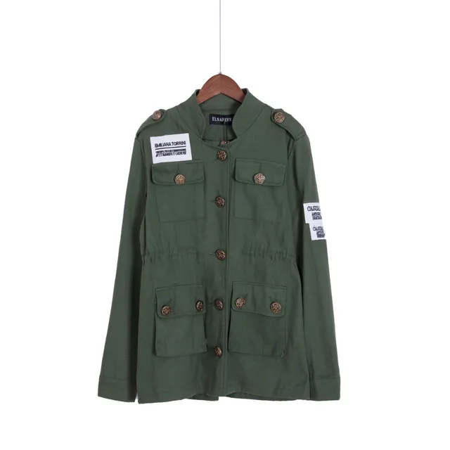 SM L Spring Autumn Women Embroidery Military Army Green Jacket Drawstring Patchwork Foldable Coat casacos femininos C47001