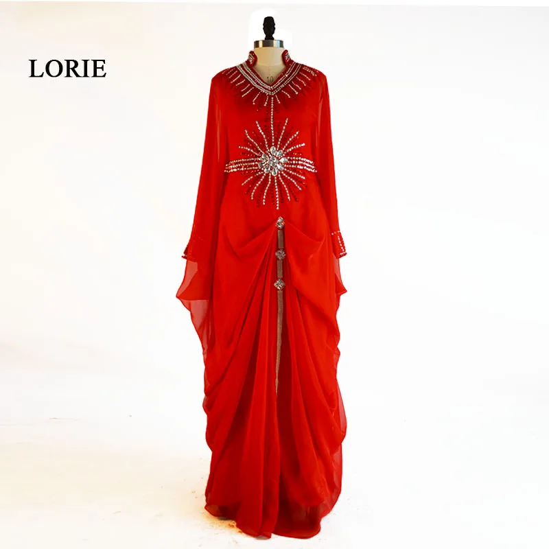 

LORIE Long Sleeve Muslim Evening Dress Real Picture V-Neck Beaded with Rhinestone Chiffon Red Prom Dress Dubai Kaftan Party Gown
