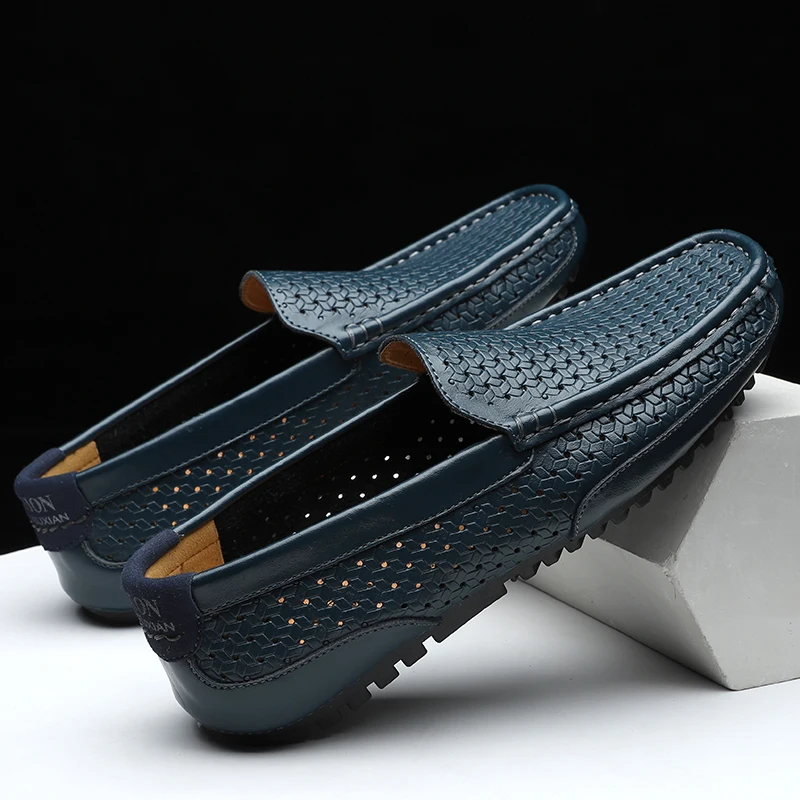 Итальянская мужская повседневная обувь роскошные Брендовые мужские лоферы из натуральной кожи мокасины мягкие дышащие водонепроницаемые Мокасины без шнуровки размера плюс 37-47 - Цвет: Hollow out Blue