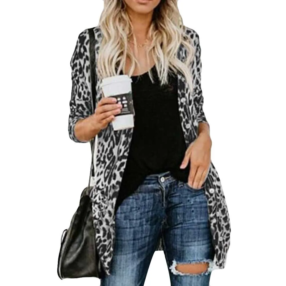 Женское пальто с леопардовым принтом, Модный Кардиган с длинным рукавом и отворотами, Женская лохматая блузка, топы, верхняя одежда# VE10257