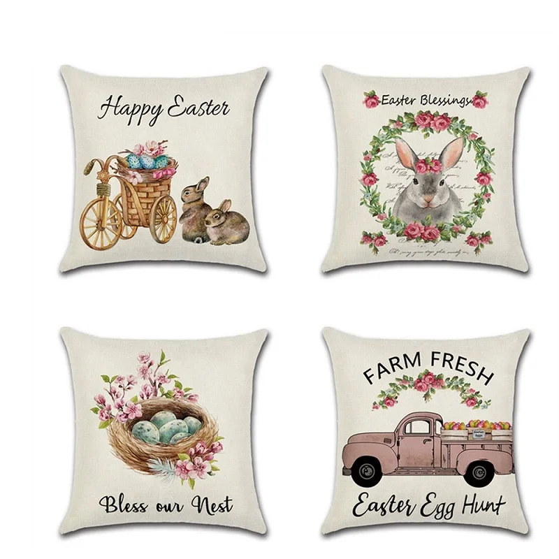 

Easter Day Cushion Cove Lovely Rabbit Smear Egg Car Printed Linen Pillow Case For For Home Sofa Celebration Festival Pillowcase