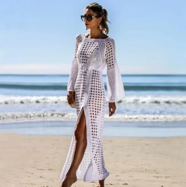 Женское открытое трикотажное пляжное бикини с длинным рукавом, летнее горячее женское кружевное Пляжное Платье Макси - Цвет: Белый