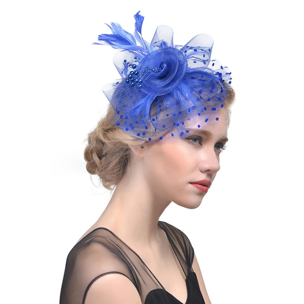 Перо вуалетки шляпа, женские Девушки цветок сетки коктейль Чай Вечерние Кентукки Дерби шляпа головной убор с зажимом для волос(синий