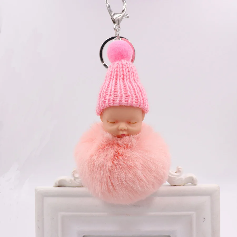 

Cute Fluffy Rabbit Fur Pompom Sleeping Baby Key Chain Women Rex Bunny Fur Pompon Doll Keychain Car Keyring Toy New Year Gift