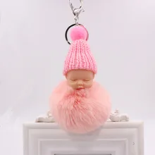 Cute Fluffy Rabbit Fur Pompom Sleeping Baby Key Chain Women Rex Bunny Fur Pompon Doll Keychain Car Keyring Toy New Year Gift