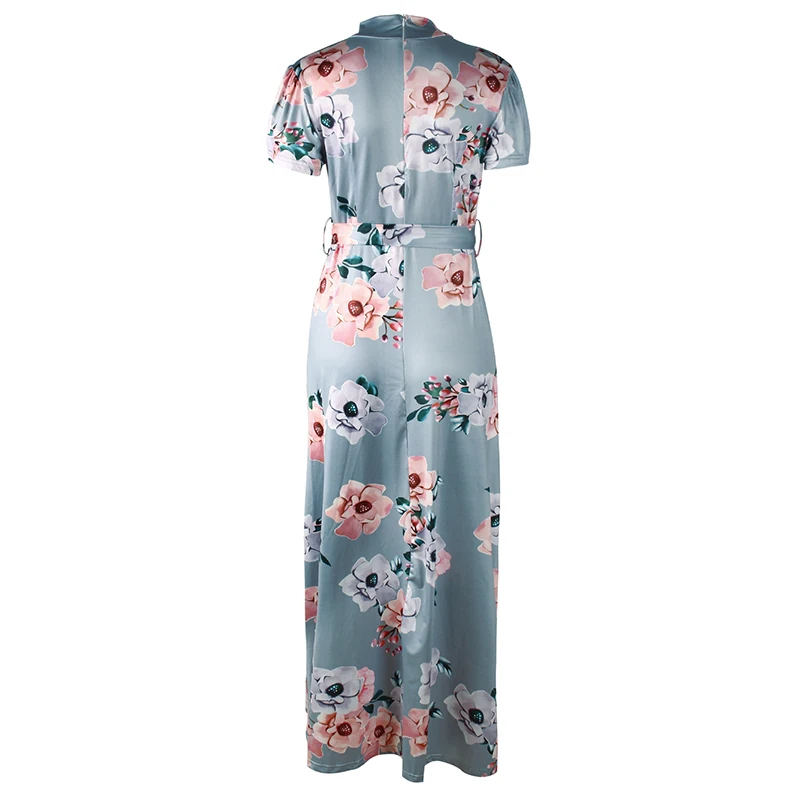 BBYES 3 Colours Autumn Fashion Women Floral Print Belt Stand Collar Short Sleeve Long  Dress Floral Casual Beach Print Dresses