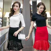 Высокая талия юбка плюс размер сексуальные кружевные юбки для женщин Новая мода Элегантный гофрированный Подол Черный Красный Bodycon Женская юбка 5XL