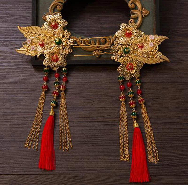 HIMSTORY Китайский традиционный свадебный головной убор с кисточками, шпилька для женщин и девочек, красные бусины, цветы, модная повязка на голову, свадебные украшения