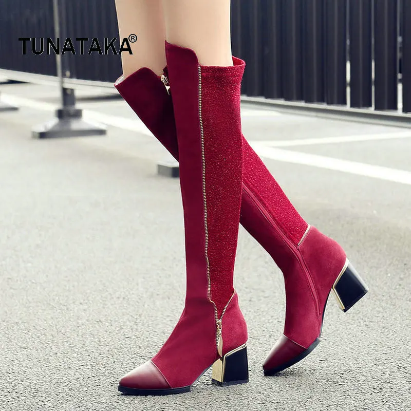 Woman Genuine Leather Pointed Toe Square Heel Over The Knee Stretch Boots Fashion Zipper Dress Winter Thigh Boots Black Red fashion slim rivets thick heel pointed toe zip winter snow boots genuine leather stretch fabric over the knee boots women boots