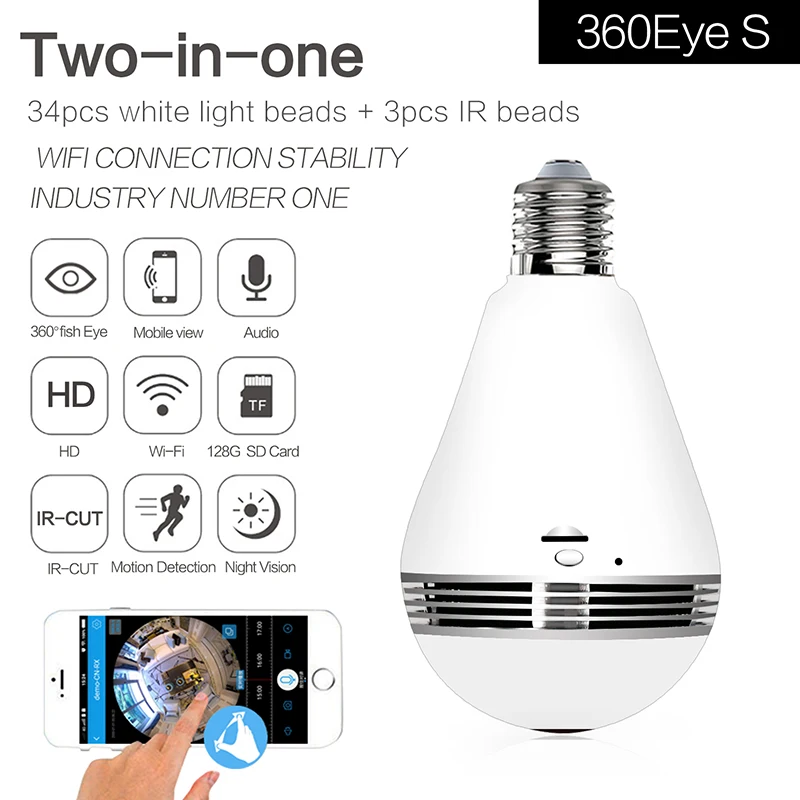  Bulb Lamp Wireless IP Camera Wifi 3MP Network Panoramic FishEye Home Security CCTV Camera 360 Degre - 32856139137