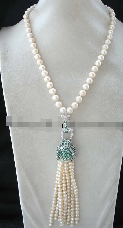 

free shupping 08149 freshwater pearl white round 9-10mm &green leopard necklace 18