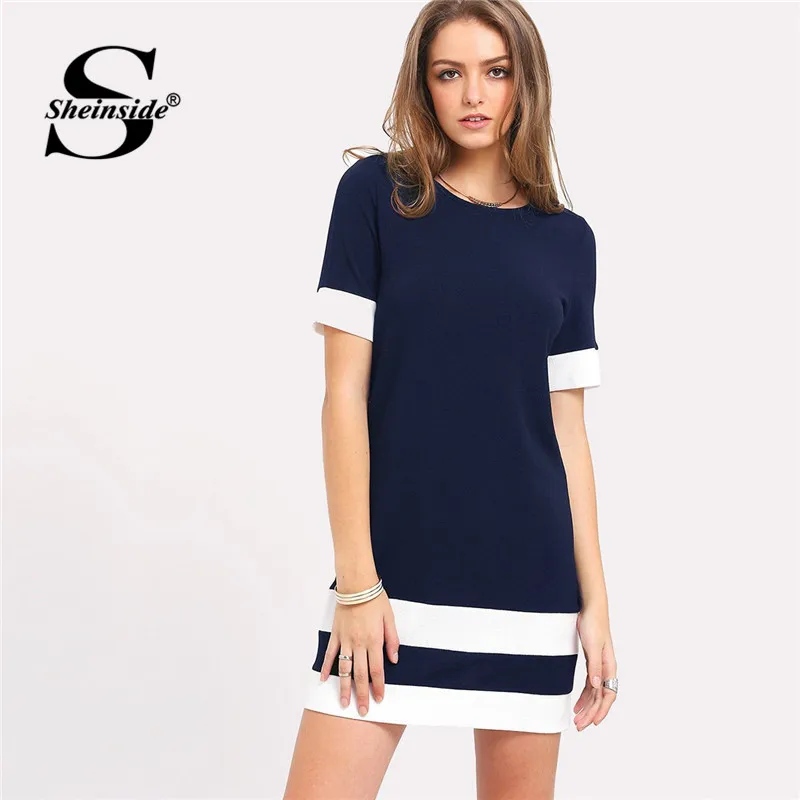 Sheinside Office Ladies Color Block Casual Mini Dresses Workwear Black ...