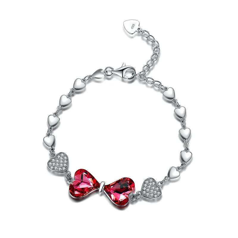 

Charm Bracelet for Women White Gold 925 Silver Austrian Crystal Butterfly Heart luxury red pink elegant Adjutable Gift shine 039