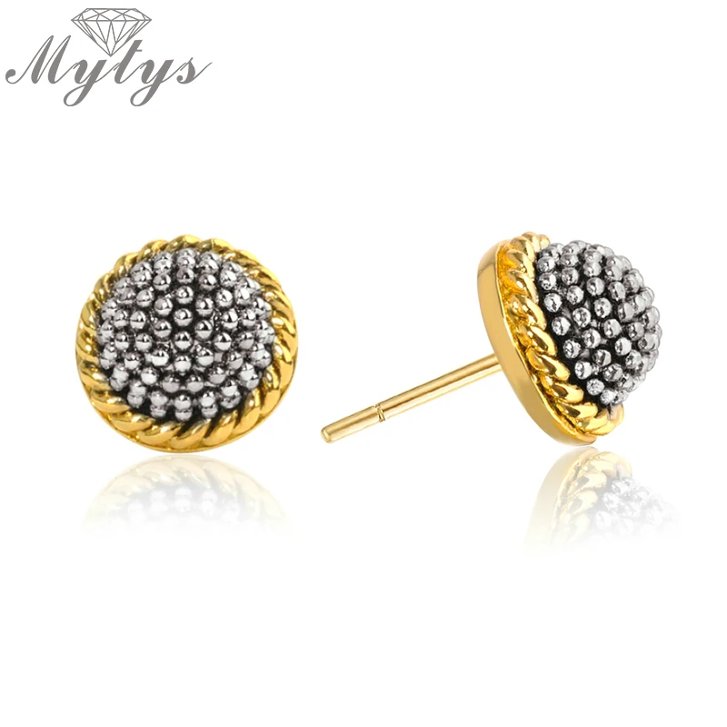 

Mytys Gold and Silver Small Stud Earrings Round Flower Earrings for Women Two Tone Mix Gold Jewelry CE609