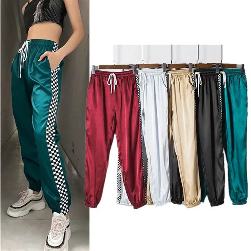 

Drawstring High Waist Checkboard Patchwork Pants Women Fashion Streetwear Plaid Sweatpants Ankle-length Pencil Pants