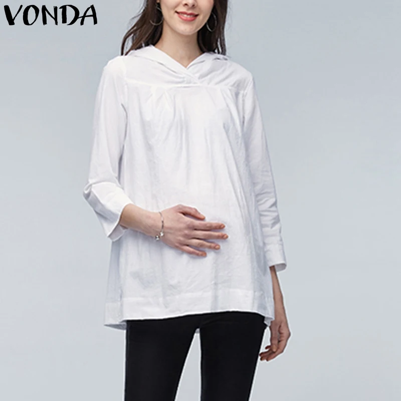 

VONDA Maternity Clothes Pregnant Women Blouses 2019 Pregnancy Long Sleeve Casual Loose Hooded Shirts Solid Tops Oversized