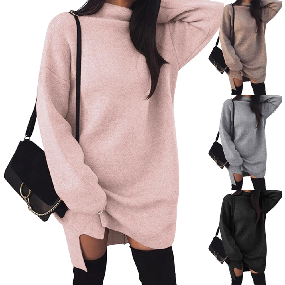 

Laamei Autumn Winter Women Long Sweater Dresses Turtleneck Warm Knitted Sweater Dress Casual Loose Sexy Dress Oversized 2019