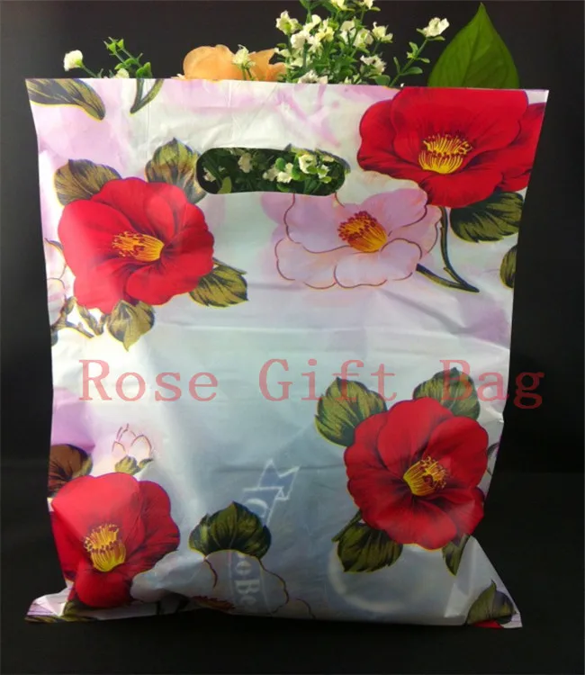 50pcs 25x35cm Big Red Flower Print Plastic Shopping Bags Boutique