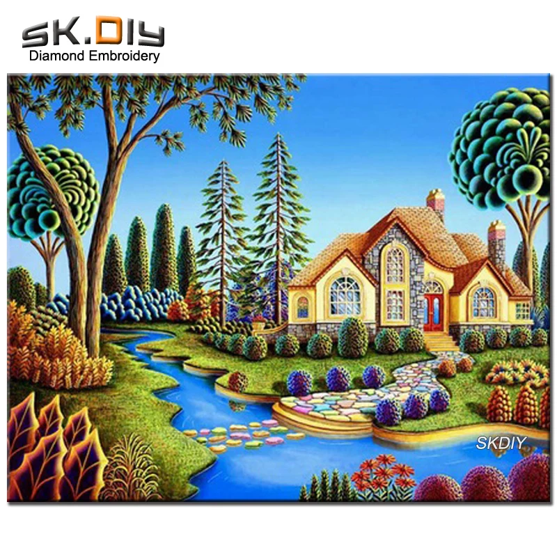 SK DIY garden house summer 5D diamond painting full square diamond embroidery pictures of rhinestones needlework roll on wall (1)