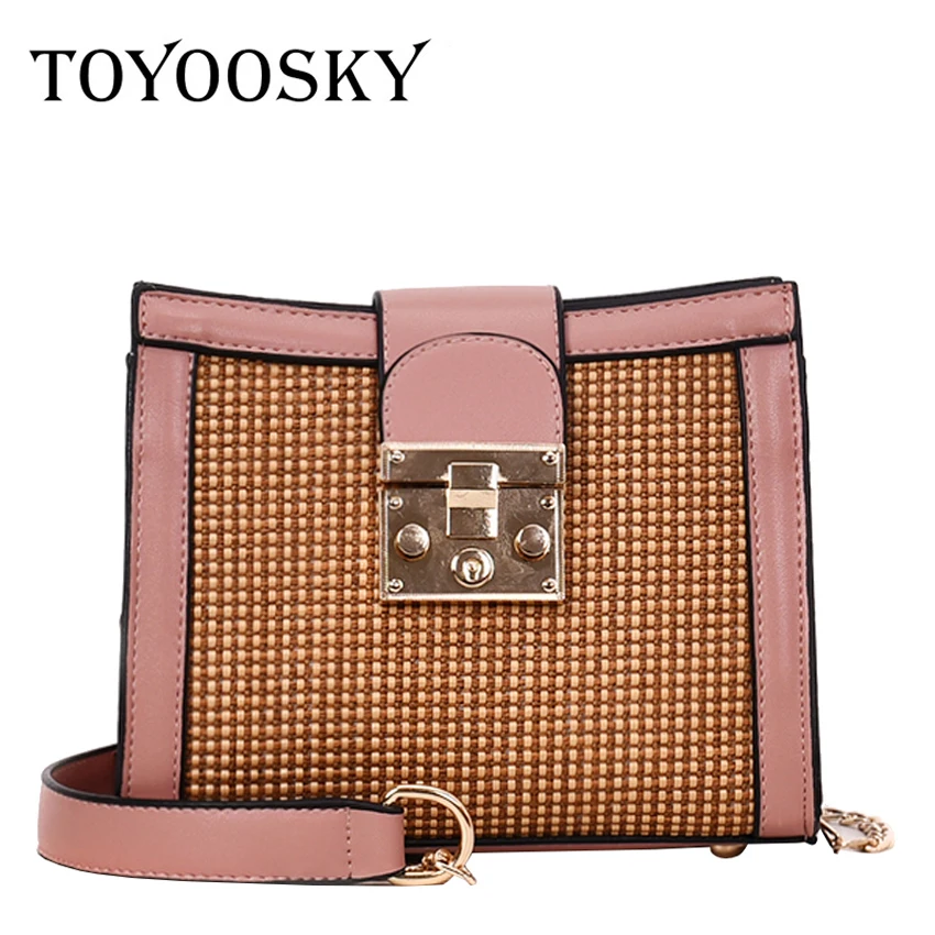 

TOYOOSKY Woven Straw Women Crossbody Bag Fashion Patchwork PU Leather Square Messenger Bag Ladies Summer Chain Shoulder Bag